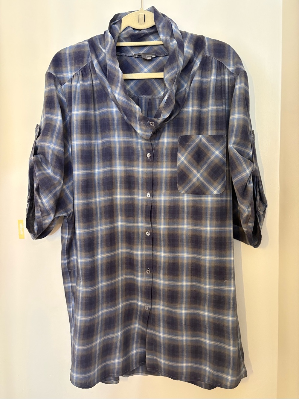 Vince Blue and White Plaid Shawl-Collar Button-Down Shirt